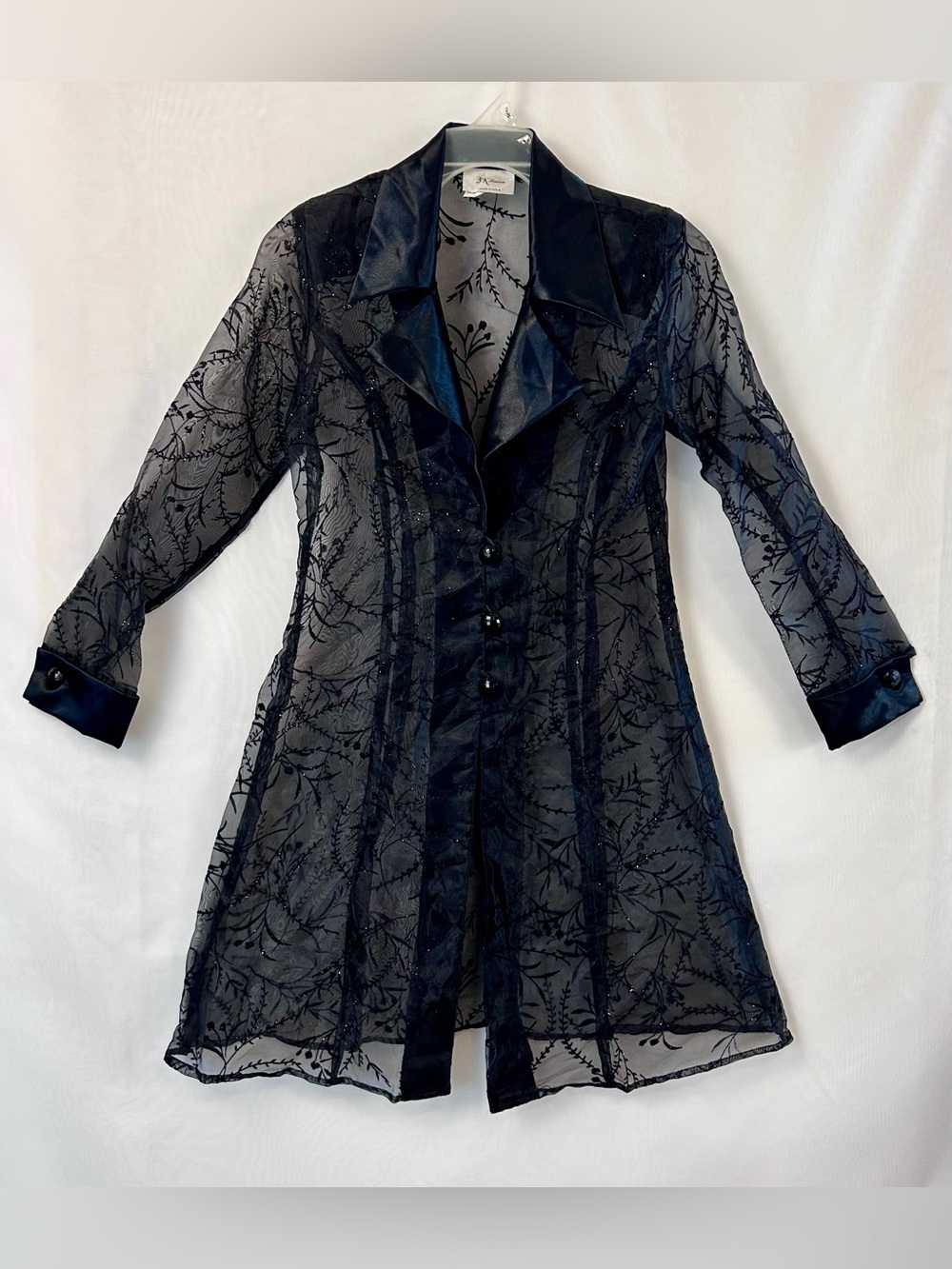 Women’s 3-K Fashion black sheer floral mesh duster jacket with glitter / Small